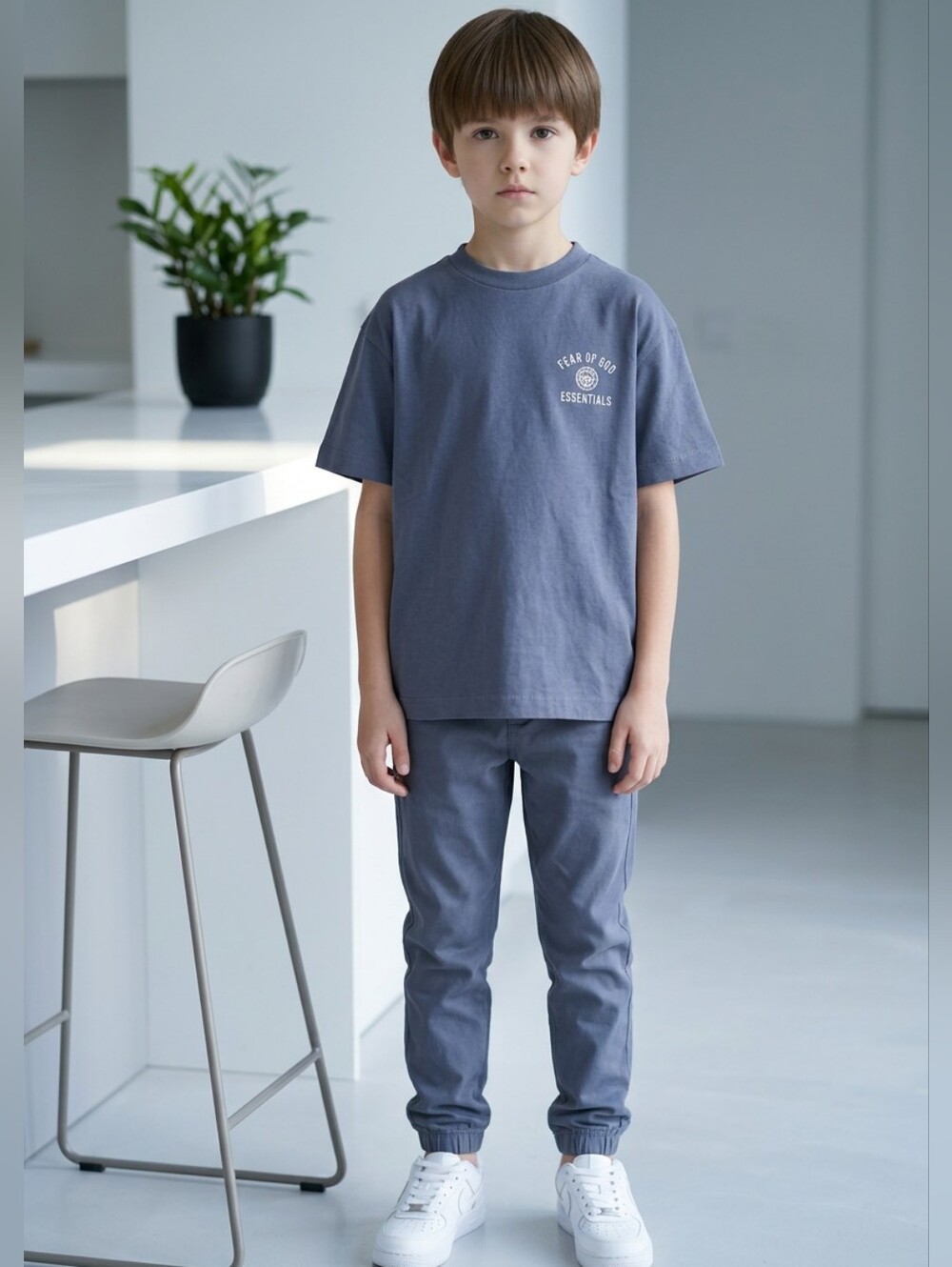 NWT Fear of God Essentials Kids Jersey Crewneck Tee Marine Navy Sz 6-7